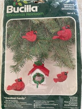 Bucilla Red Jeweled Cardinal Stitchery Ornaments Set